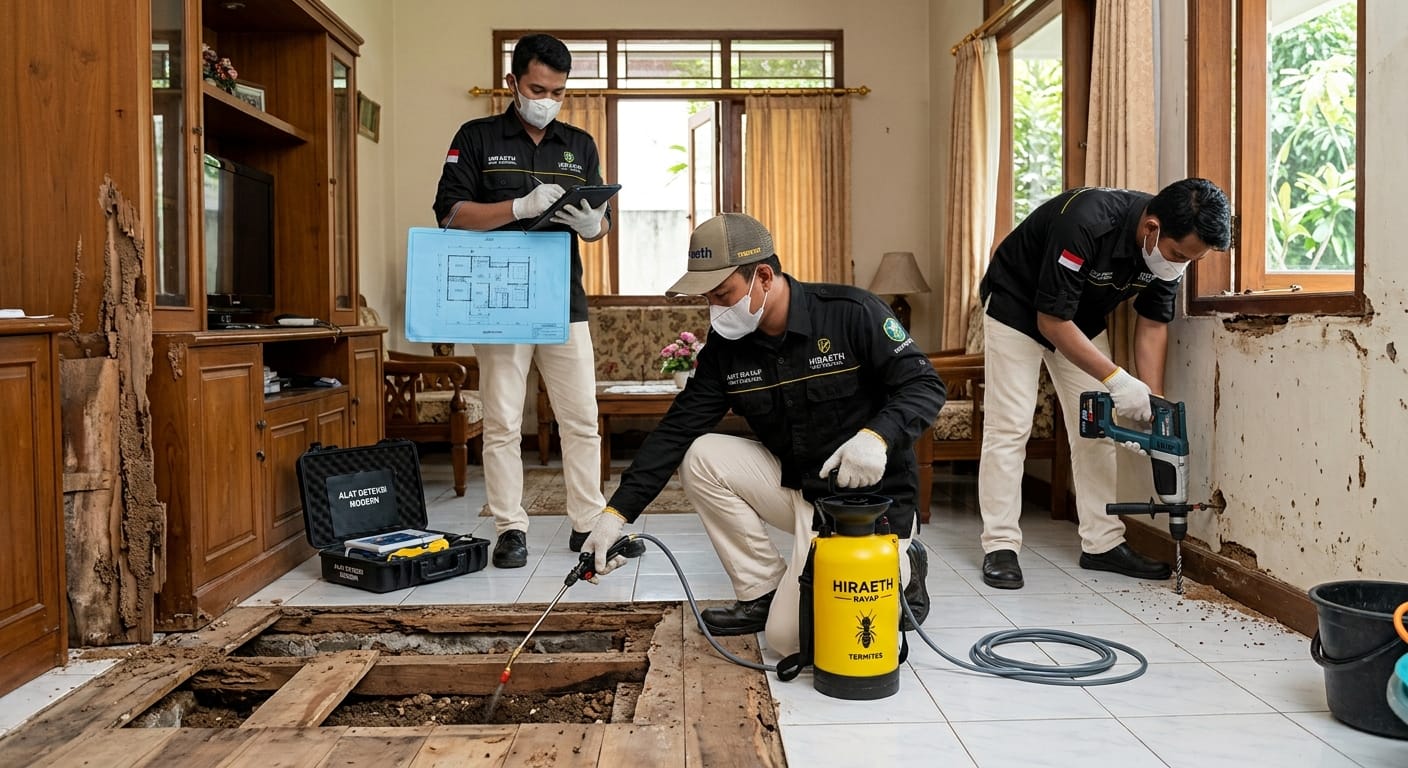 Tim tukang anti rayap Bekasi dari Hiraeth Pest Control sedang bekerja keras membasmi rayap di area ruang tamu pelanggan. Mereka menggunakan seragam lengkap, masker, alat deteksi rayap, dan tabung penyemprot khusus.
